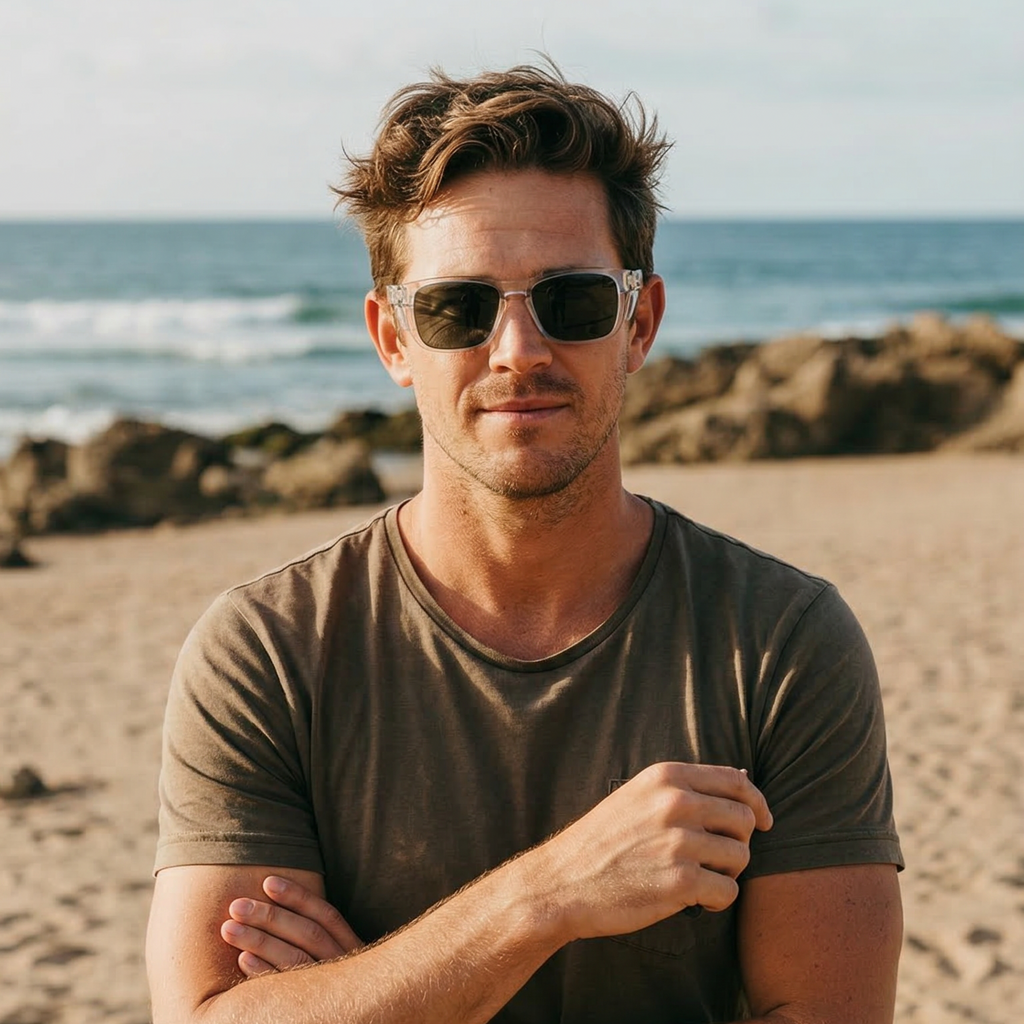 Man wearing sunglasses and a casual t-shirt standing on a beach with ocean and rocks in the background.