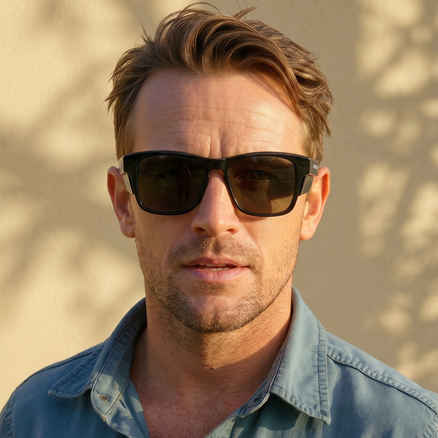 Man wearing sunglasses and a denim shirt against a beige background
